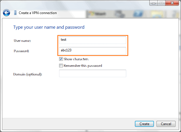 Create VPN connection - username and password